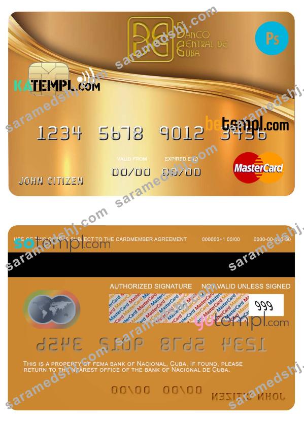 Cuba Nacional bank mastercard credit card template in PSD format, fully editable